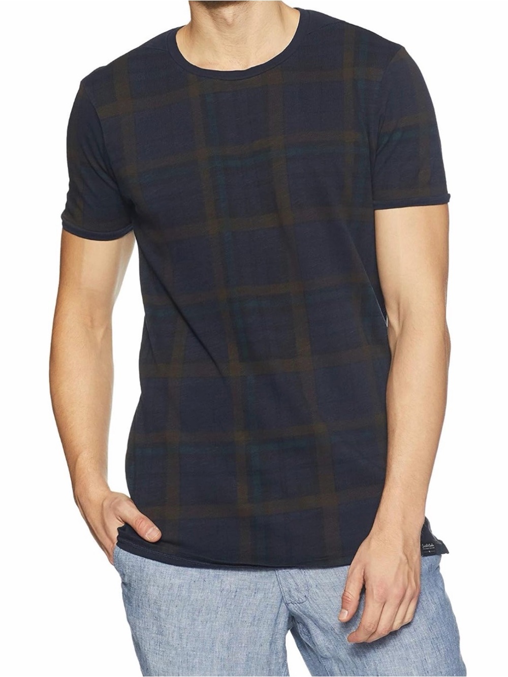 Scotch & Soda Navy T-Shirt with Rust/Black & Teal Plaid Pattern
